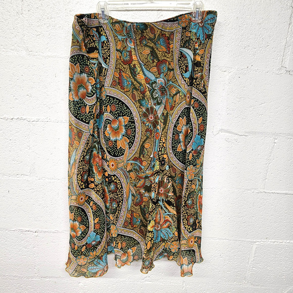 VTG Forest Fairy Midi Skirt Size 18/20 Chiffon Sheer Fall Brown Teal - Picture 1 of 8